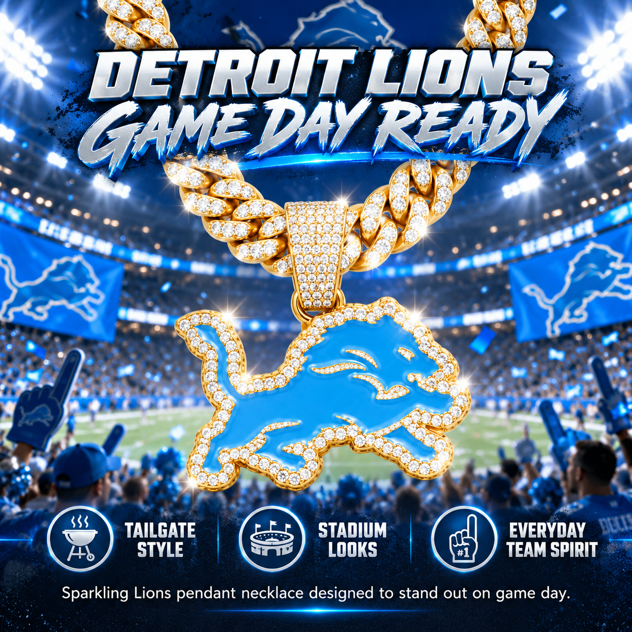 Detroit Lions Necklace, Gold Iced Cuban Link Chain with Blue Rhinestone Lion Pendant, Football Fan Jewelry