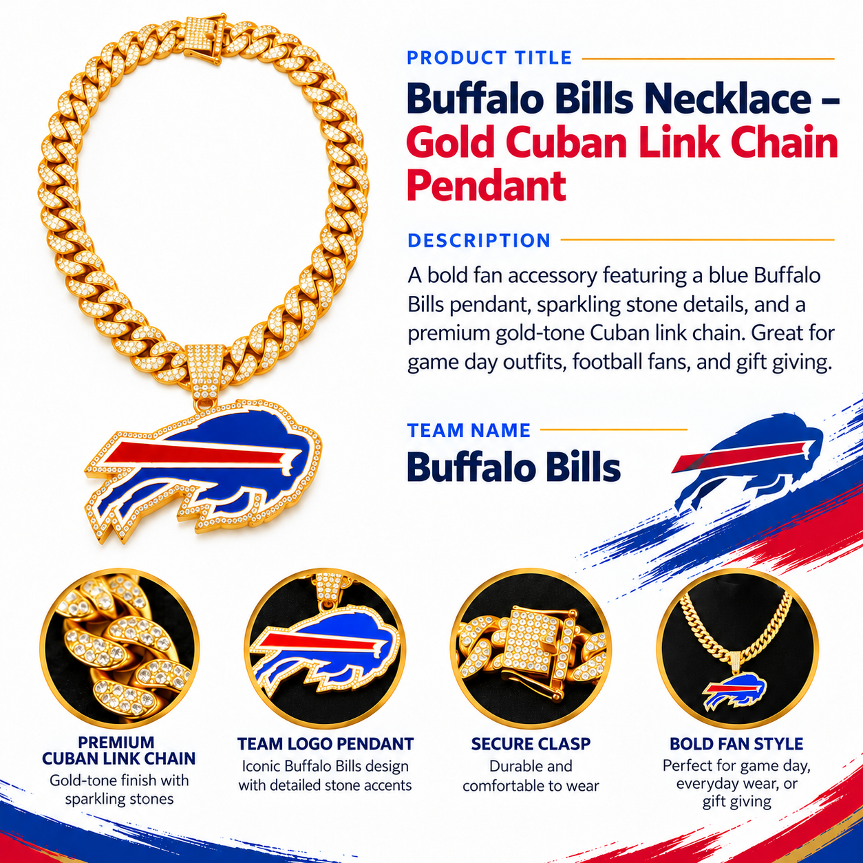 Buffalo Bills Necklace – Gold Cuban Link Chain Pendant for Football Fans | NFL Team Jewelry Gift