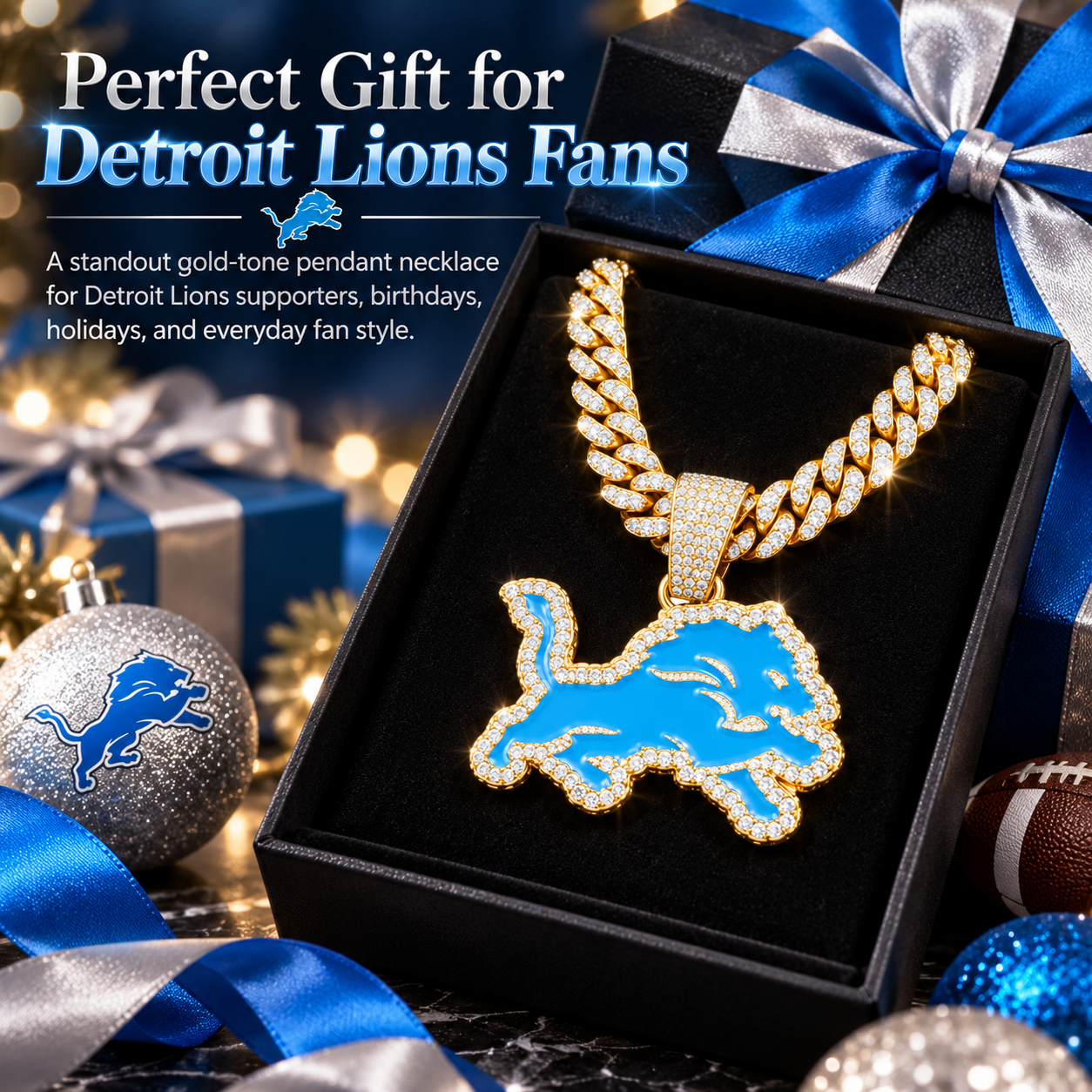 Detroit Lions Necklace, Gold Iced Cuban Link Chain with Blue Rhinestone Lion Pendant, Football Fan Jewelry
