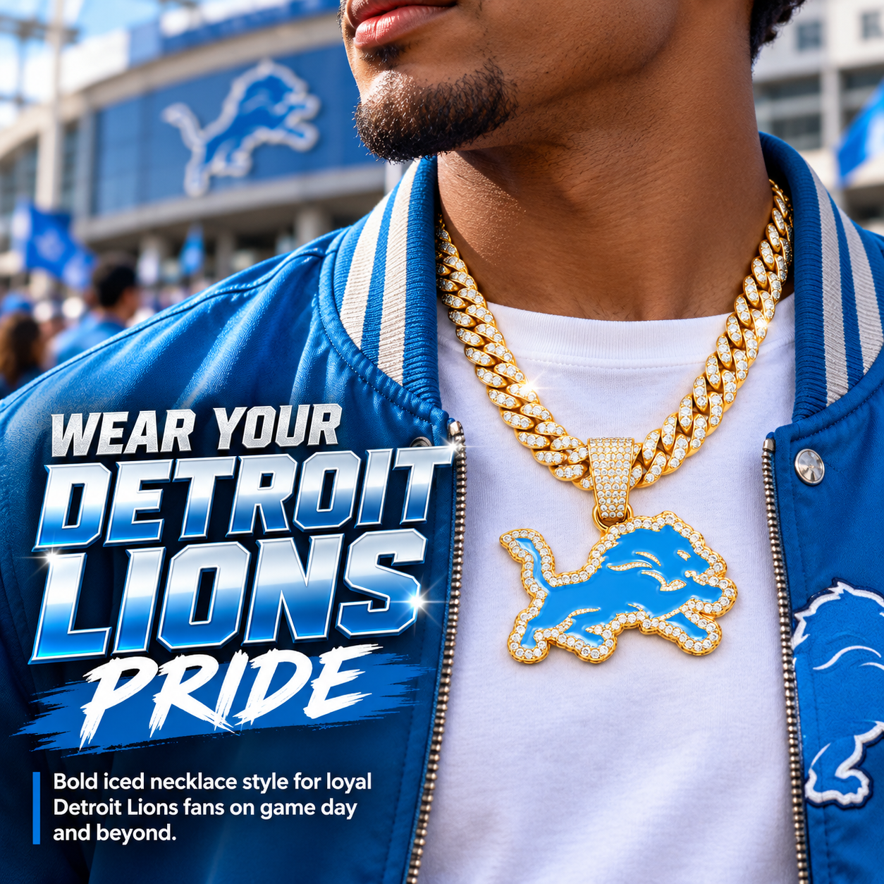 Detroit Lions Necklace, Gold Iced Cuban Link Chain with Blue Rhinestone Lion Pendant, Football Fan Jewelry