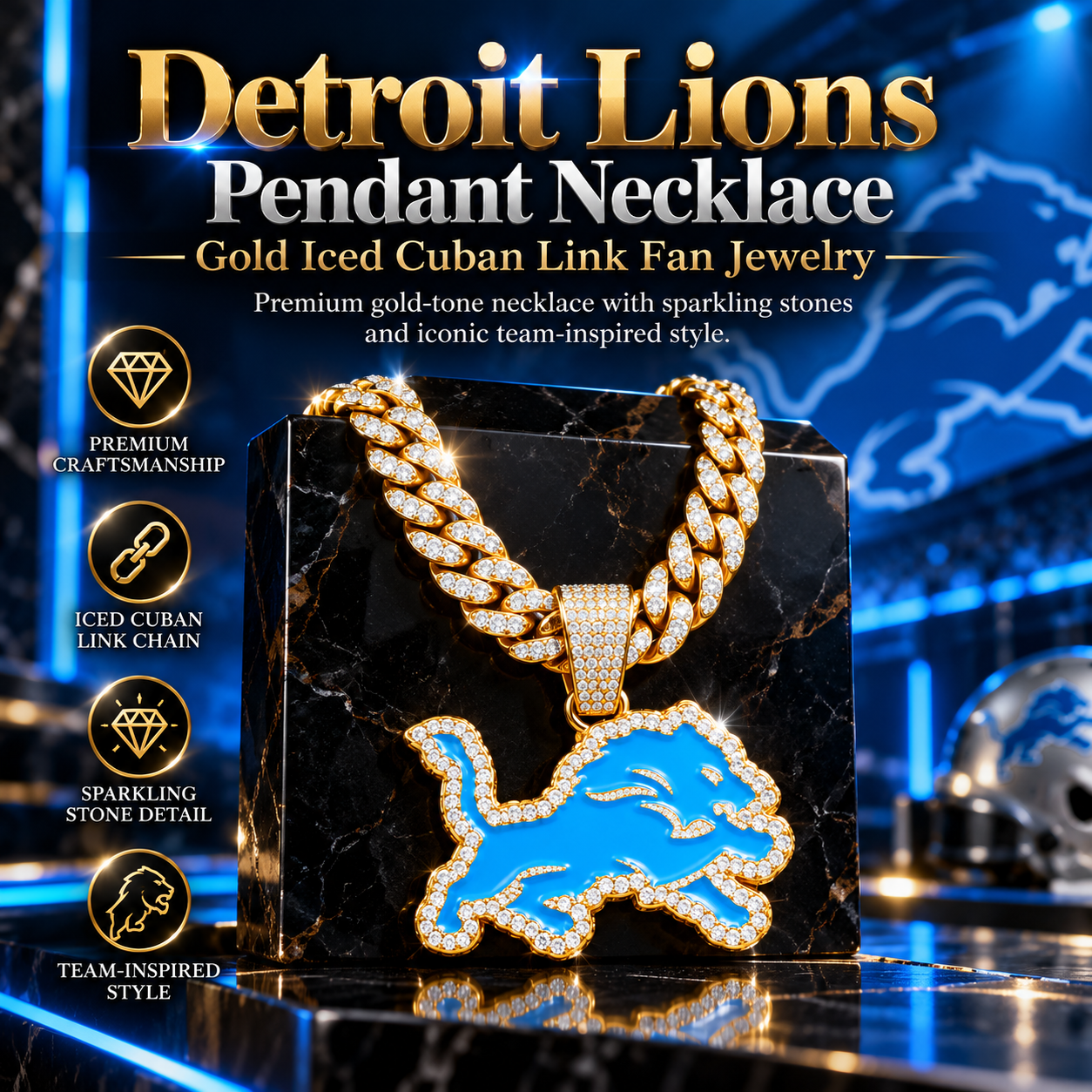 Detroit Lions Necklace, Gold Iced Cuban Link Chain with Blue Rhinestone Lion Pendant, Football Fan Jewelry
