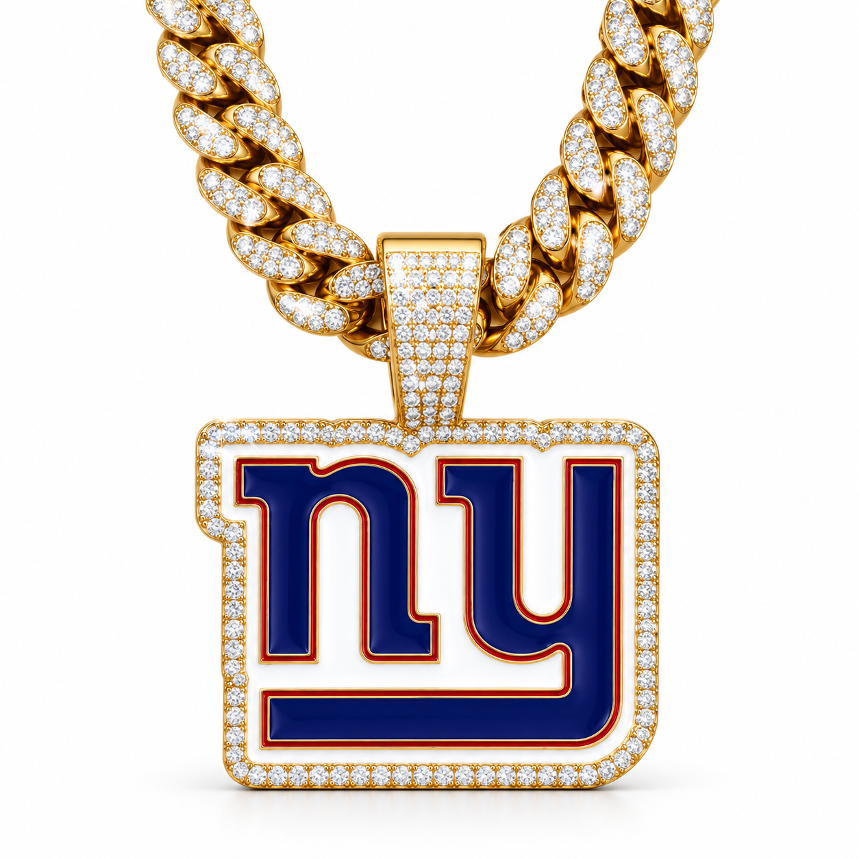 New York Giants Necklace, Gold Iced Cuban Link Chain with Rhinestone NY Pendant, Football Fan Jewelry