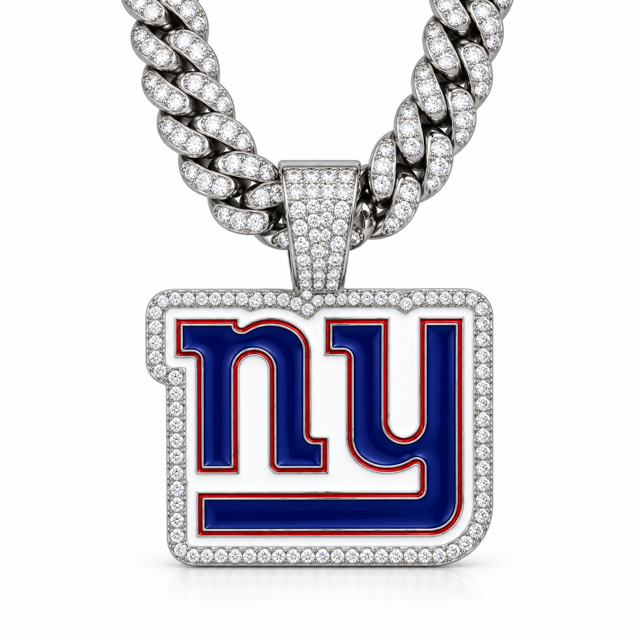 New York Giants Necklace, Gold Iced Cuban Link Chain with Rhinestone NY Pendant, Football Fan Jewelry
