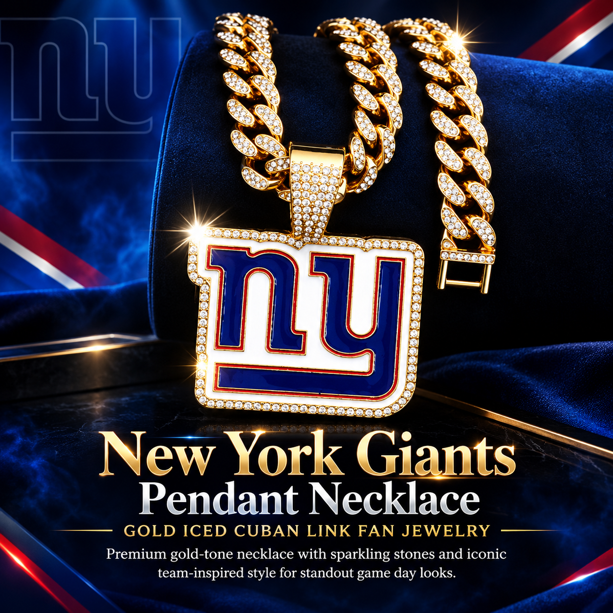 New York Giants Necklace, Gold Iced Cuban Link Chain with Rhinestone NY Pendant, Football Fan Jewelry