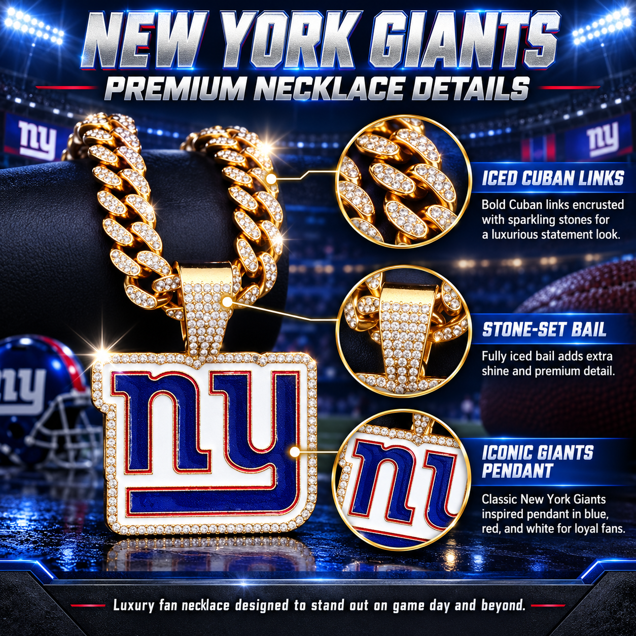 New York Giants Necklace, Gold Iced Cuban Link Chain with Rhinestone NY Pendant, Football Fan Jewelry