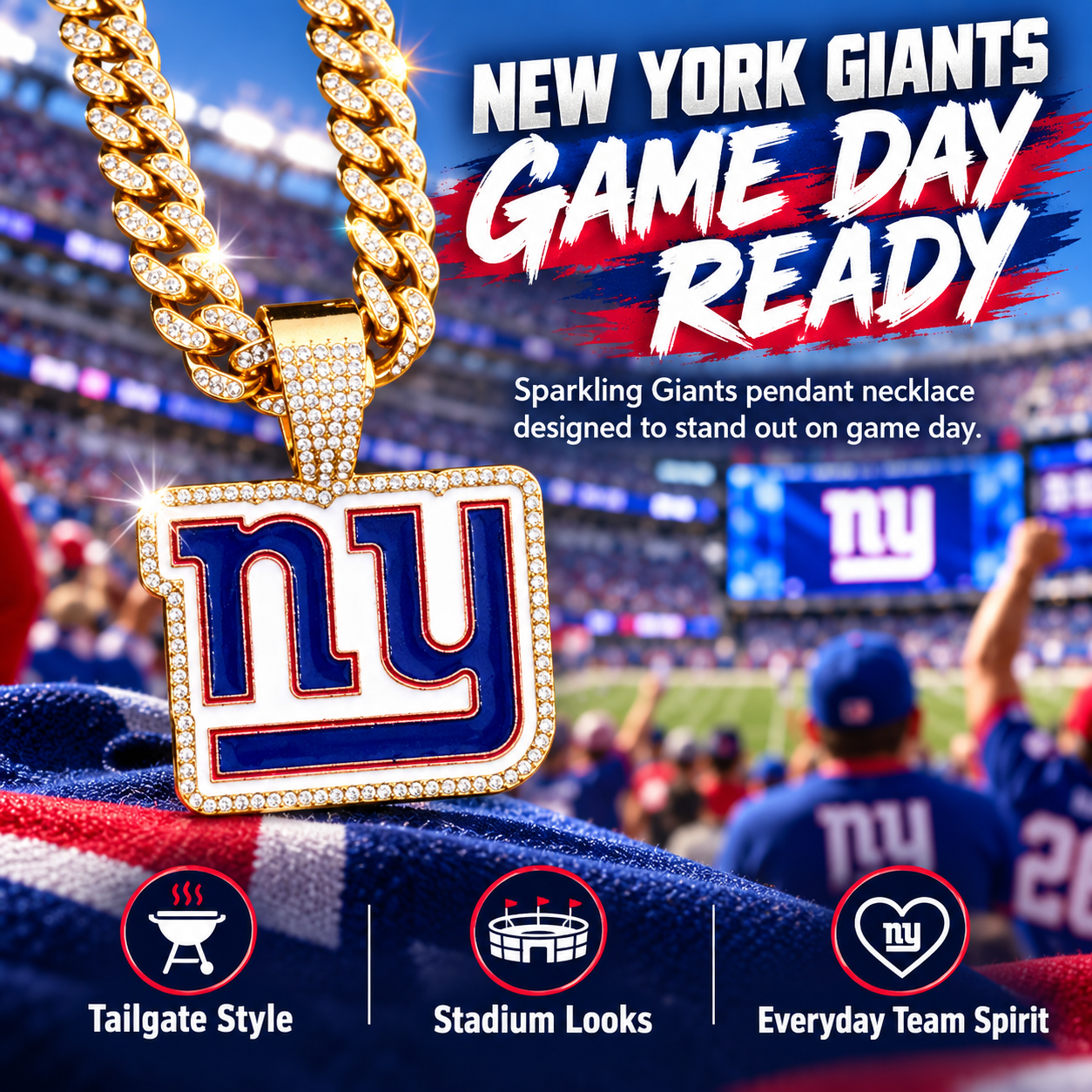 New York Giants Necklace, Gold Iced Cuban Link Chain with Rhinestone NY Pendant, Football Fan Jewelry
