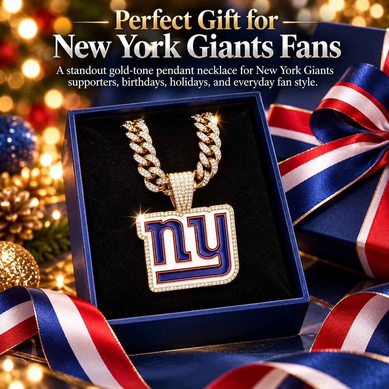 New York Giants Necklace, Gold Iced Cuban Link Chain with Rhinestone NY Pendant, Football Fan Jewelry