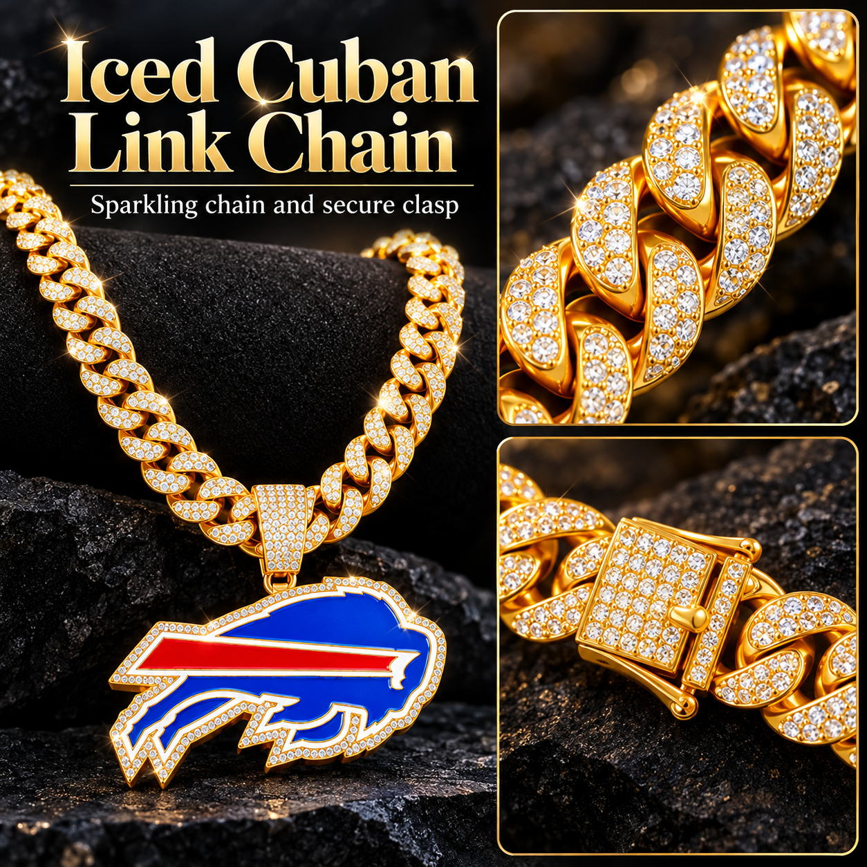 Buffalo Bills Necklace – Gold Cuban Link Chain Pendant for Football Fans | NFL Team Jewelry Gift
