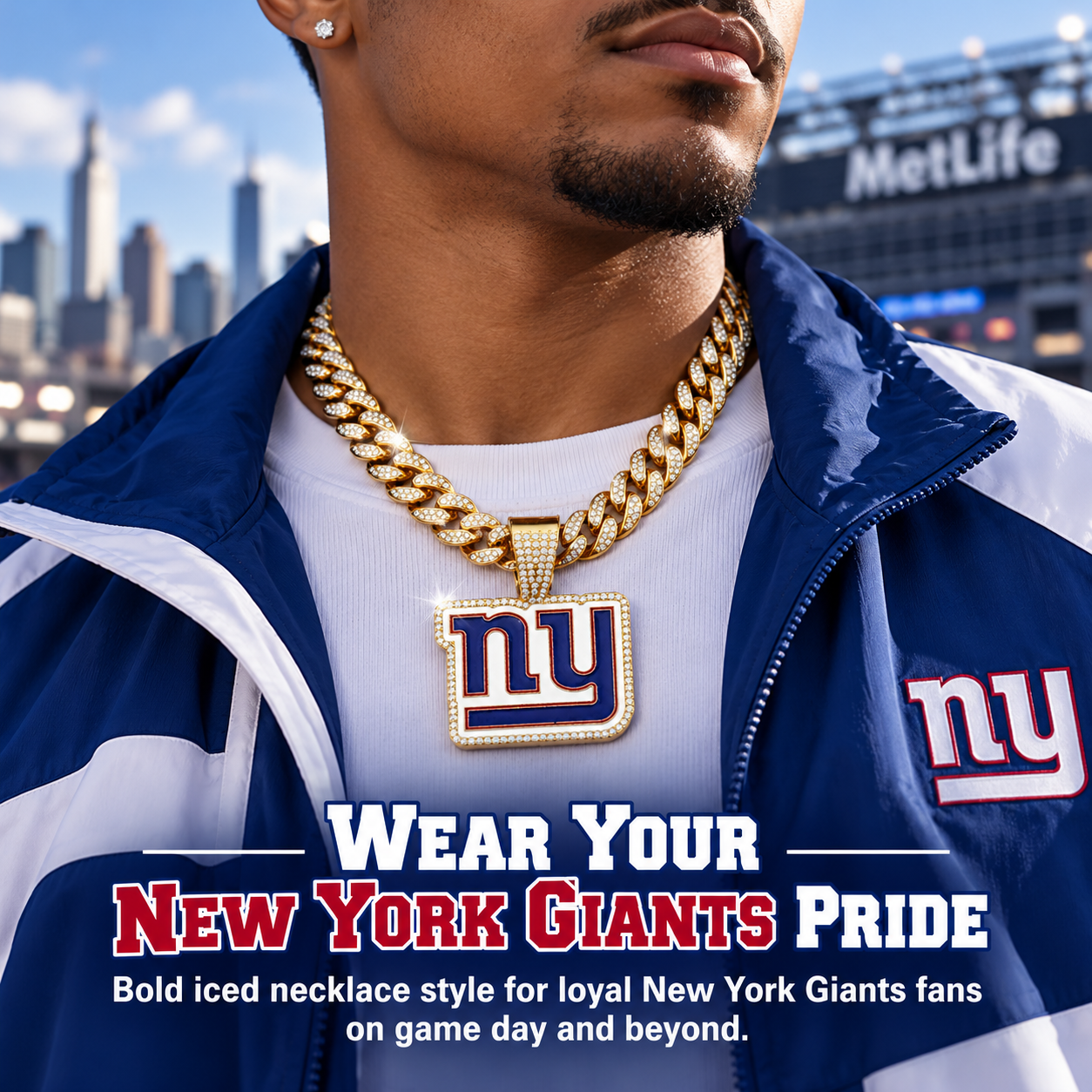 New York Giants Necklace, Gold Iced Cuban Link Chain with Rhinestone NY Pendant, Football Fan Jewelry