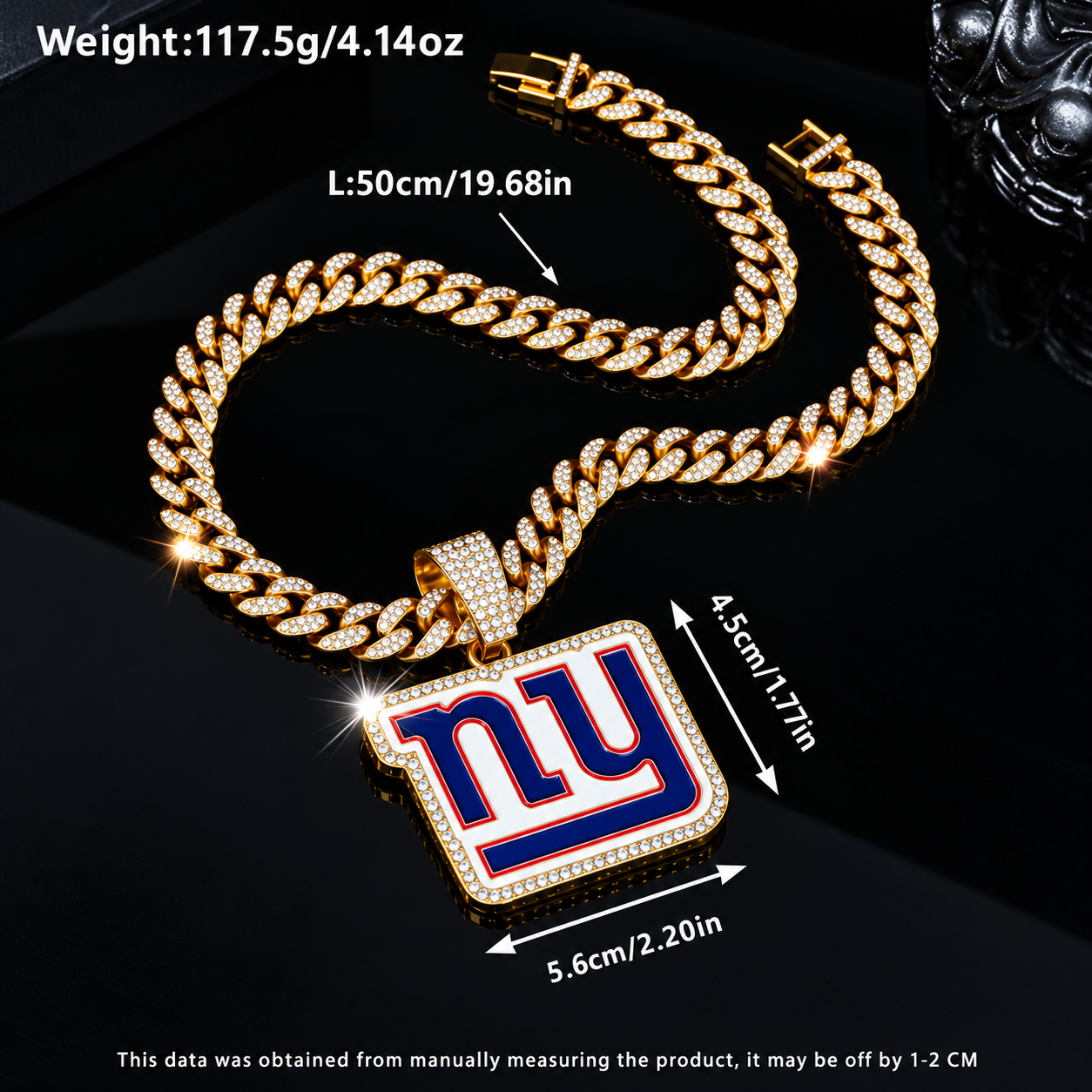 New York Giants Necklace, Gold Iced Cuban Link Chain with Rhinestone NY Pendant, Football Fan Jewelry
