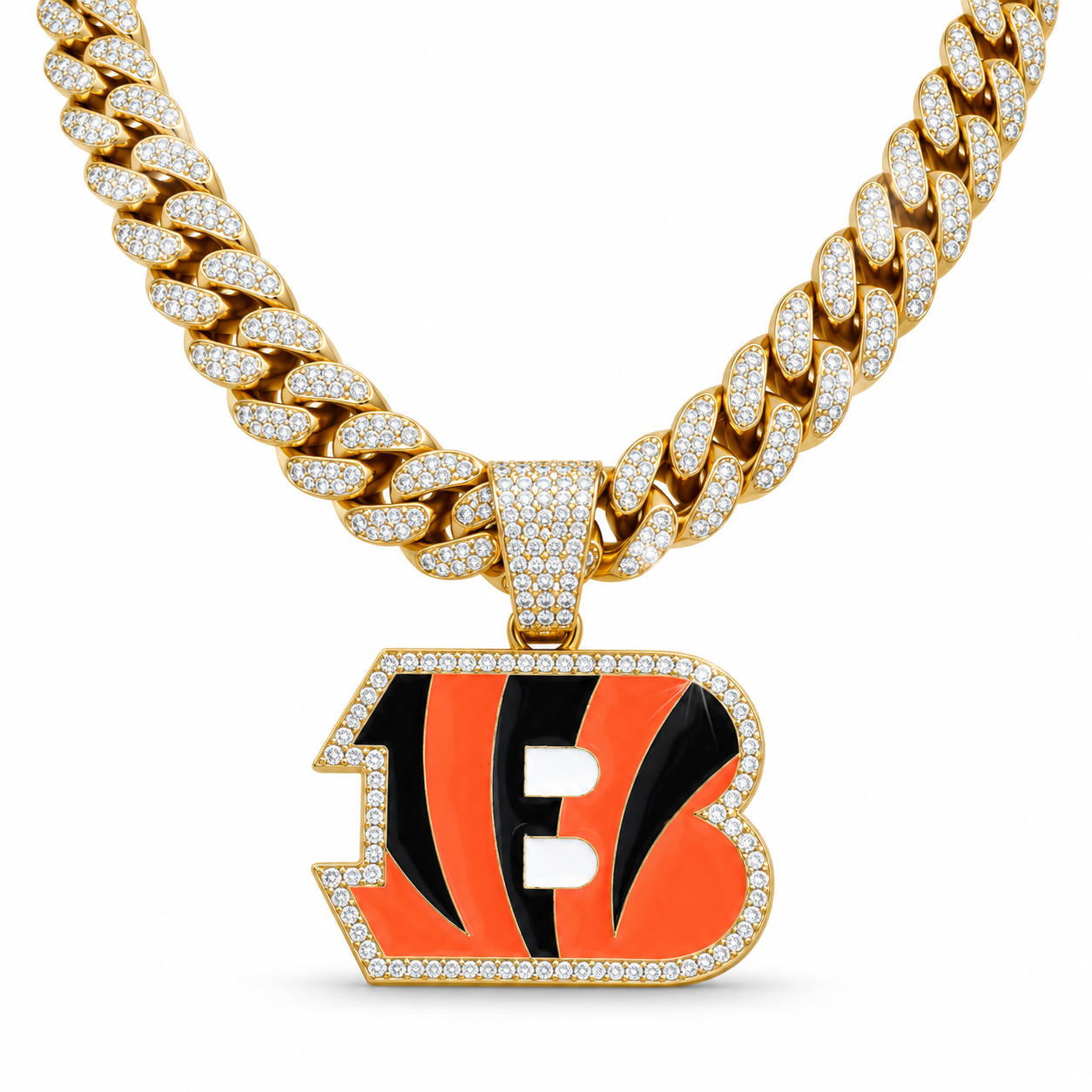Cincinnati Bengals Necklace, Gold Iced Cuban Link Chain with Rhinestone B Pendant, Football Fan Jewelry