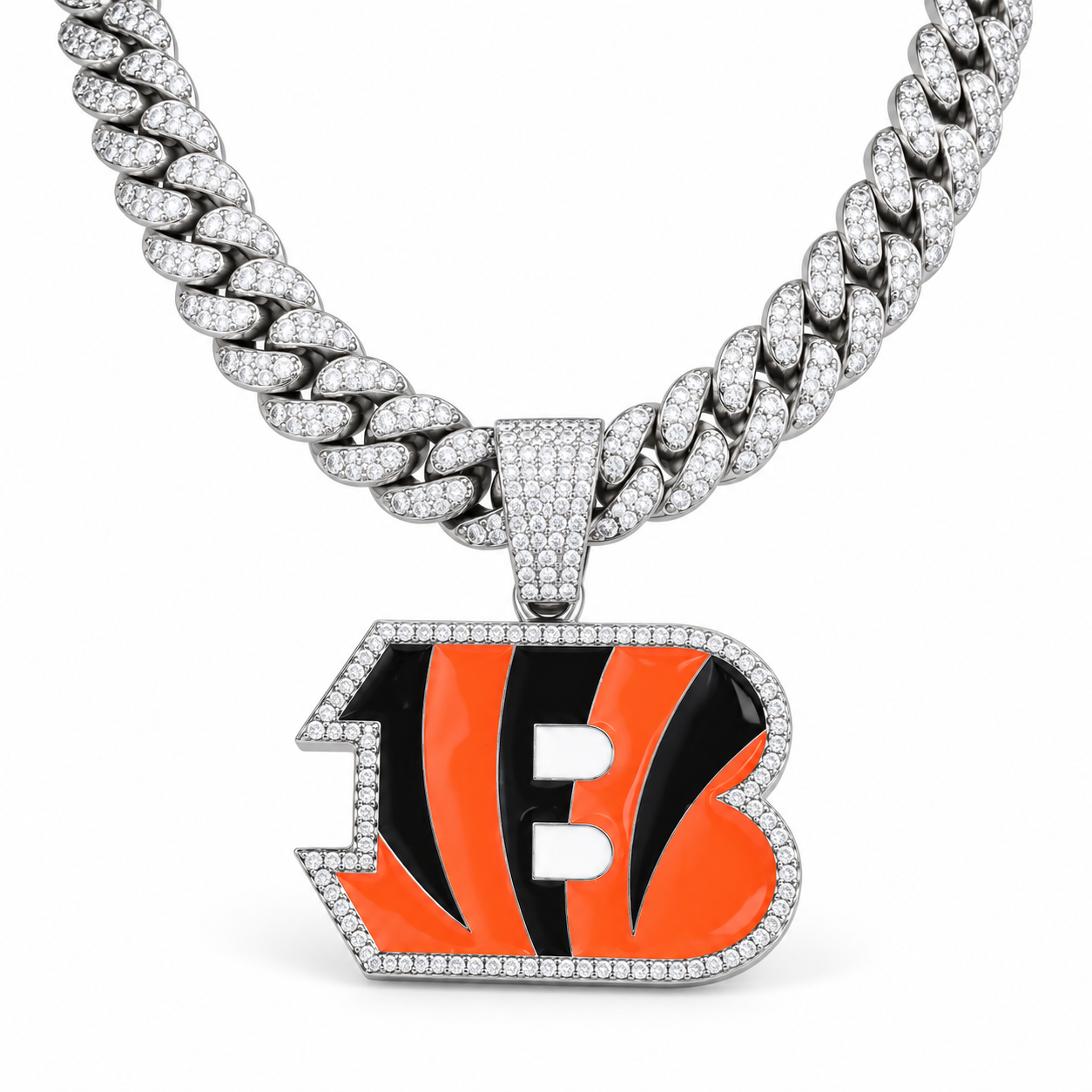 Cincinnati Bengals Necklace, Gold Iced Cuban Link Chain with Rhinestone B Pendant, Football Fan Jewelry