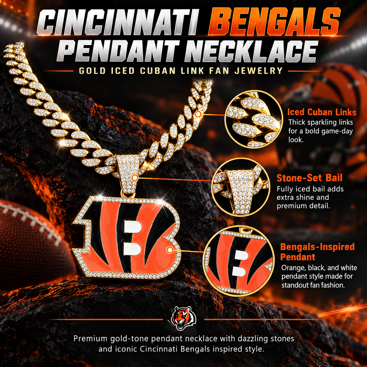 Cincinnati Bengals Necklace, Gold Iced Cuban Link Chain with Rhinestone B Pendant, Football Fan Jewelry