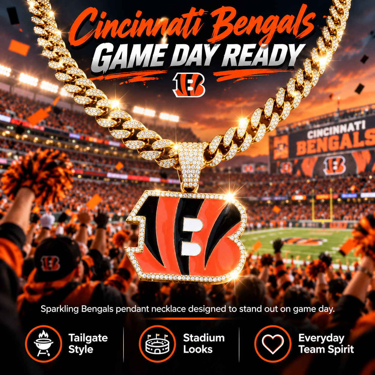 Cincinnati Bengals Necklace, Gold Iced Cuban Link Chain with Rhinestone B Pendant, Football Fan Jewelry