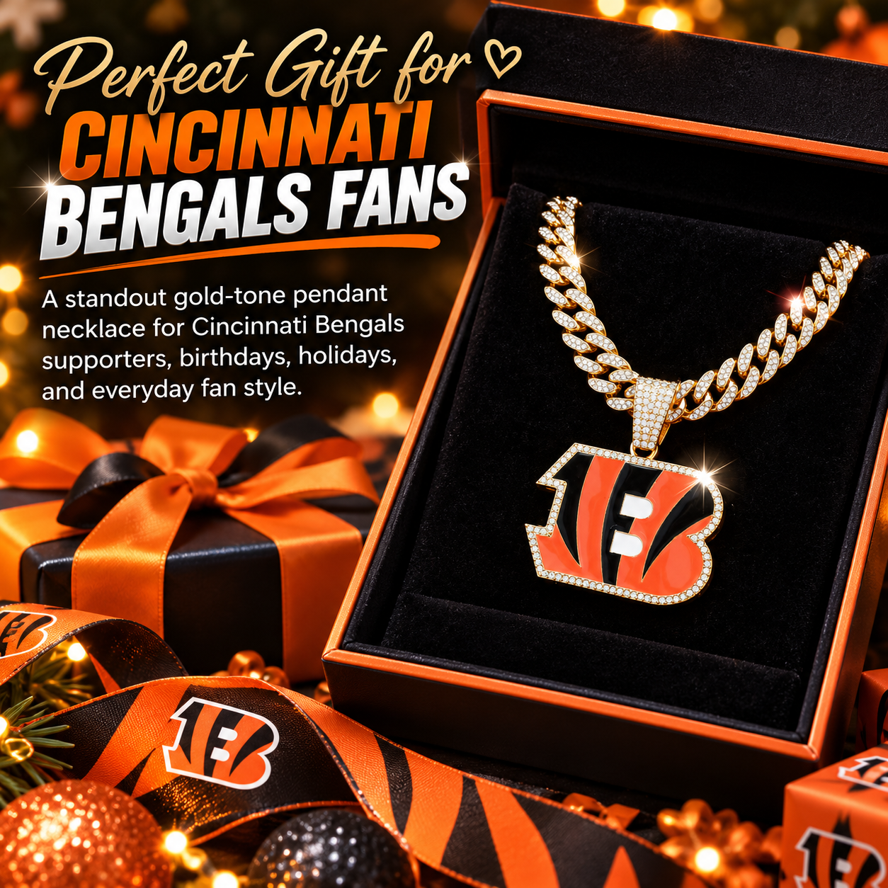 Cincinnati Bengals Necklace, Gold Iced Cuban Link Chain with Rhinestone B Pendant, Football Fan Jewelry