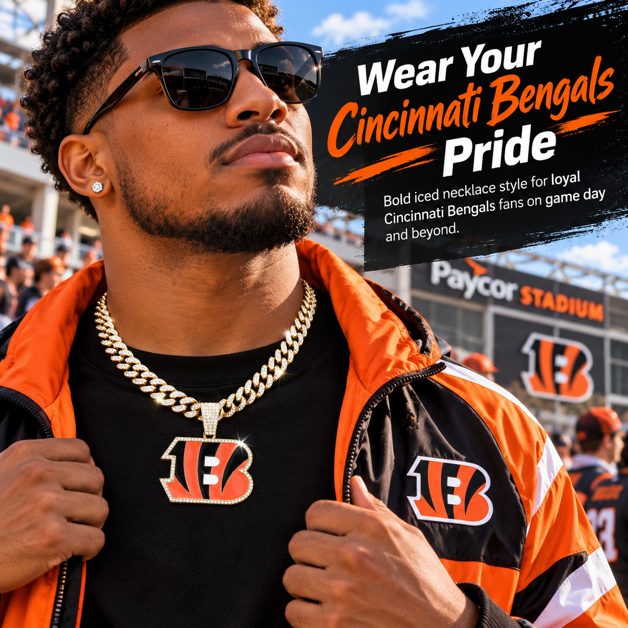 Cincinnati Bengals Necklace, Gold Iced Cuban Link Chain with Rhinestone B Pendant, Football Fan Jewelry