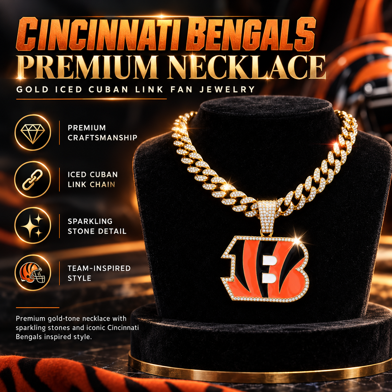 Cincinnati Bengals Necklace, Gold Iced Cuban Link Chain with Rhinestone B Pendant, Football Fan Jewelry