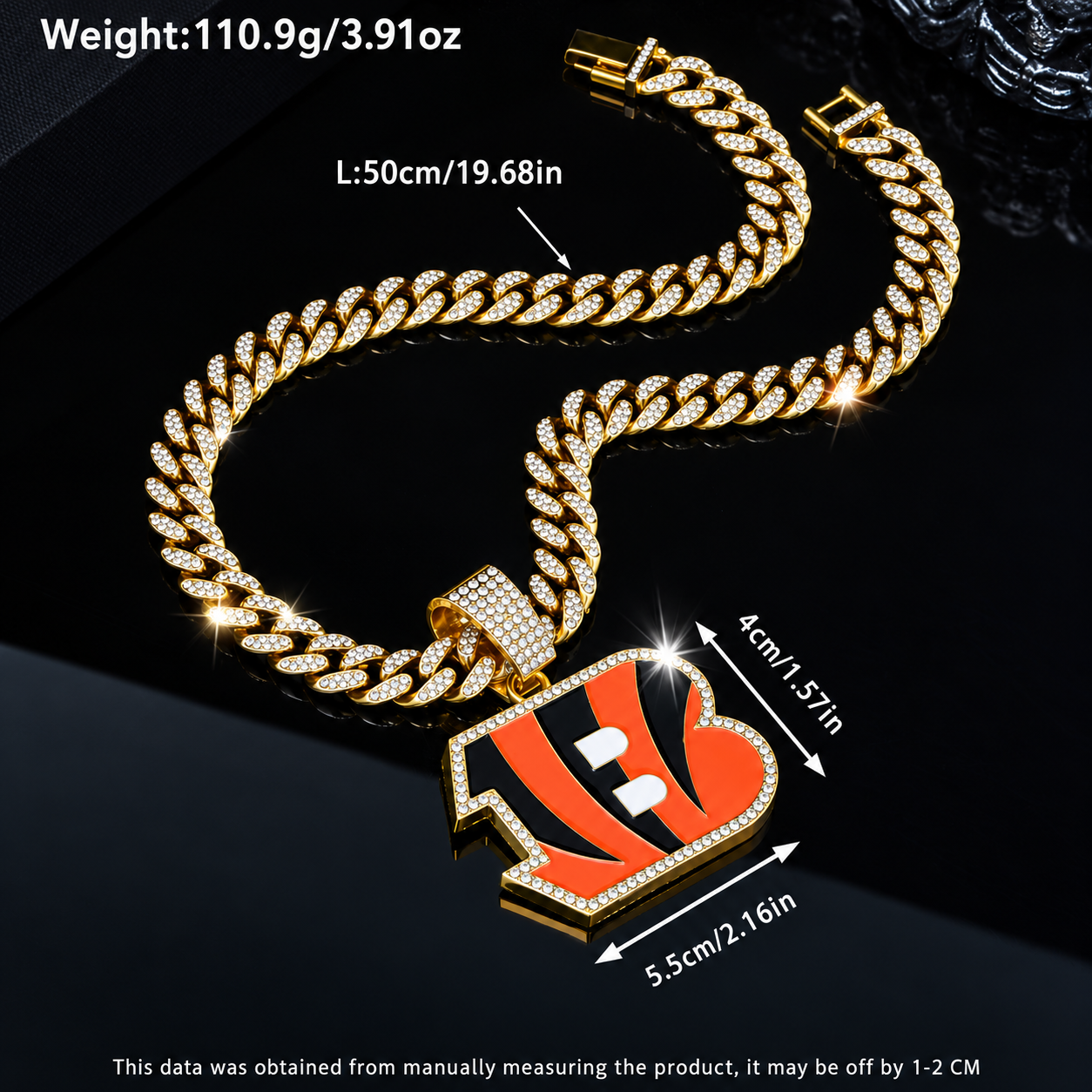 Cincinnati Bengals Necklace, Gold Iced Cuban Link Chain with Rhinestone B Pendant, Football Fan Jewelry