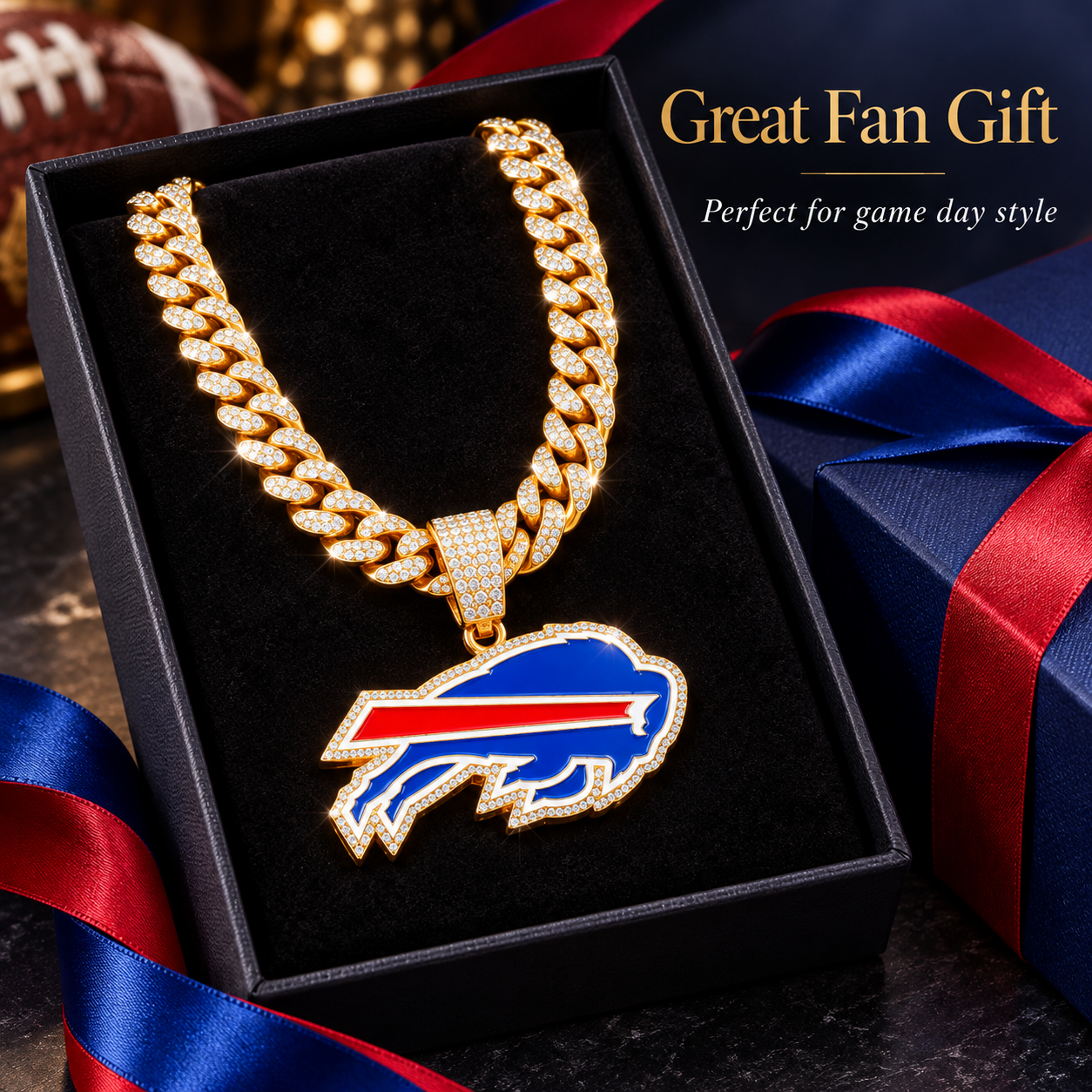 Buffalo Bills Necklace – Gold Cuban Link Chain Pendant for Football Fans | NFL Team Jewelry Gift