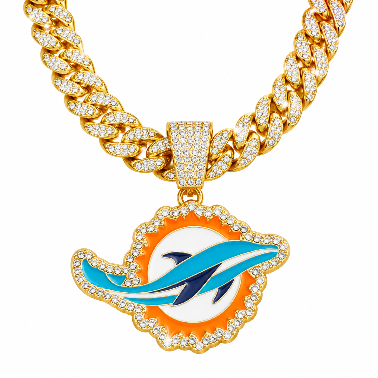 Miami Dolphins Necklace, Gold Iced Cuban Link Chain with Rhinestone Dolphin Pendant, Football Fan Jewelry