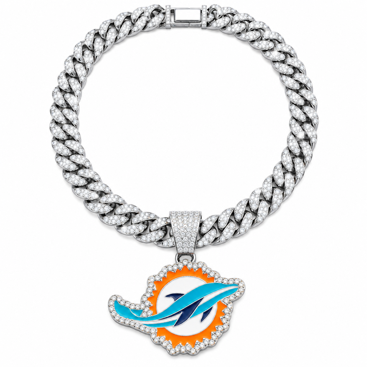 Miami Dolphins Necklace, Gold Iced Cuban Link Chain with Rhinestone Dolphin Pendant, Football Fan Jewelry