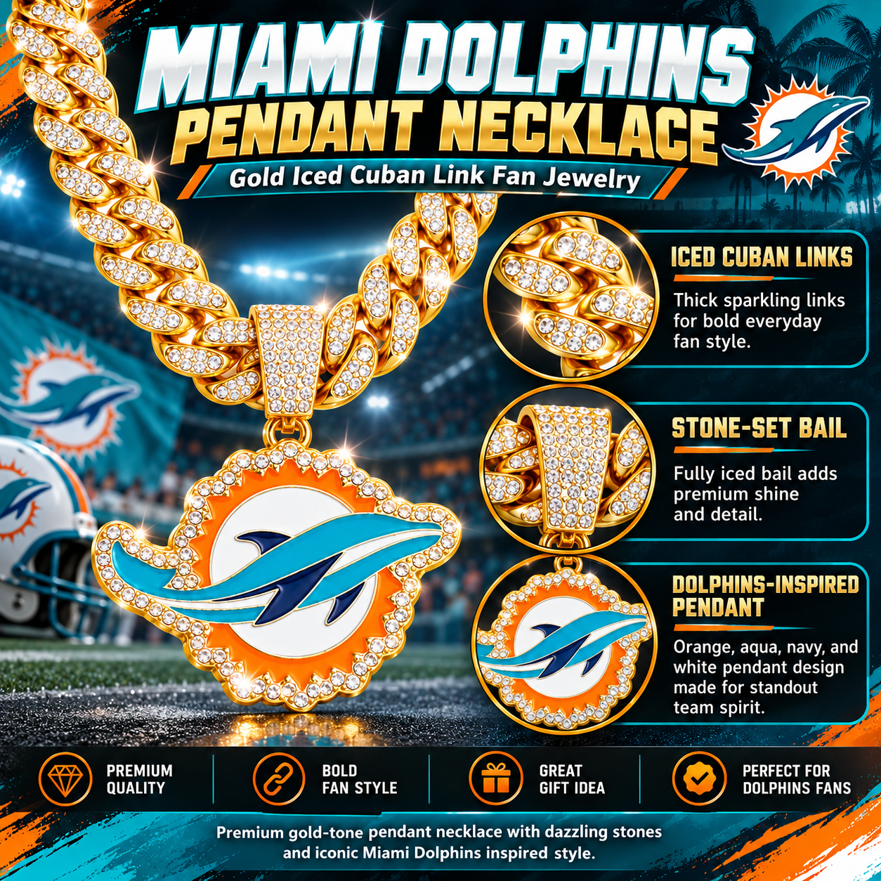 Miami Dolphins Necklace, Gold Iced Cuban Link Chain with Rhinestone Dolphin Pendant, Football Fan Jewelry