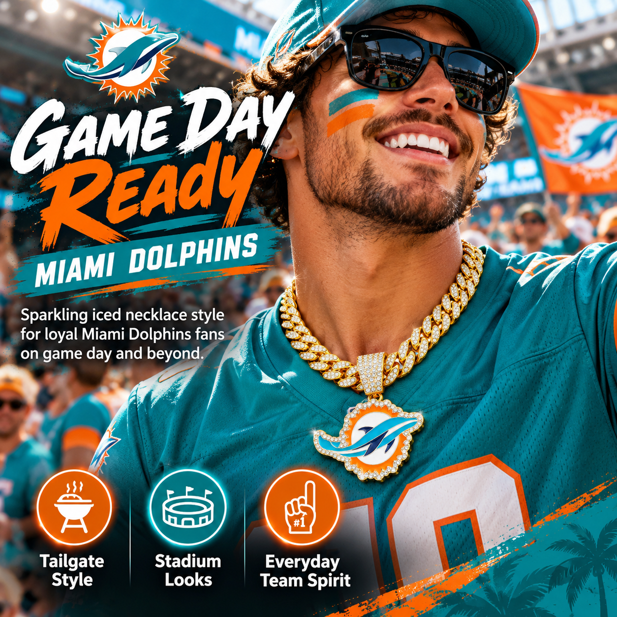 Miami Dolphins Necklace, Gold Iced Cuban Link Chain with Rhinestone Dolphin Pendant, Football Fan Jewelry