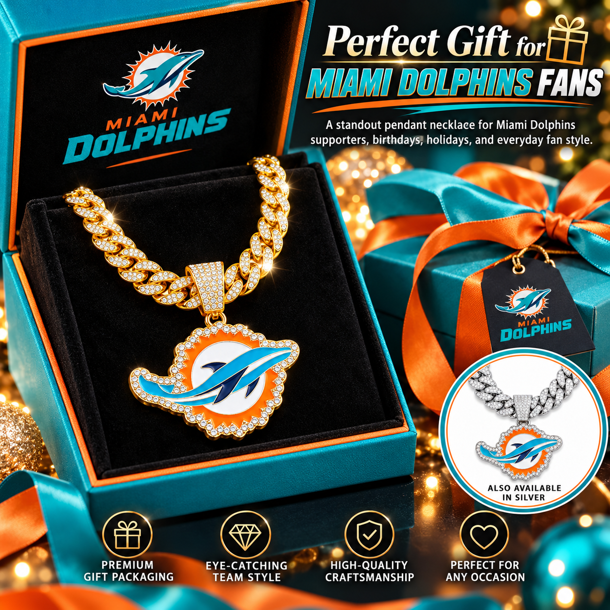 Miami Dolphins Necklace, Gold Iced Cuban Link Chain with Rhinestone Dolphin Pendant, Football Fan Jewelry