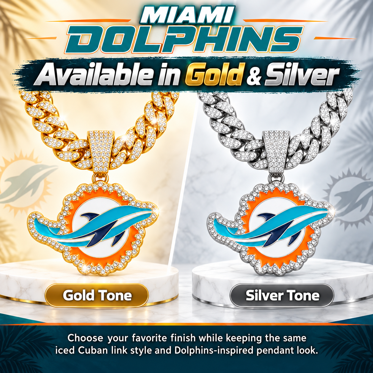 Miami Dolphins Necklace, Gold Iced Cuban Link Chain with Rhinestone Dolphin Pendant, Football Fan Jewelry