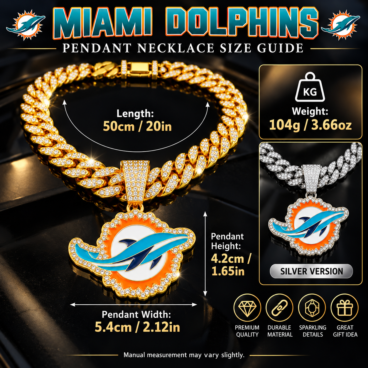 Miami Dolphins Necklace, Gold Iced Cuban Link Chain with Rhinestone Dolphin Pendant, Football Fan Jewelry