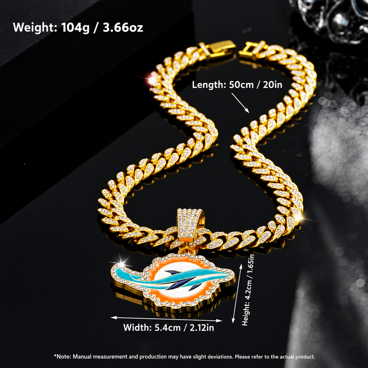 Miami Dolphins Necklace, Gold Iced Cuban Link Chain with Rhinestone Dolphin Pendant, Football Fan Jewelry
