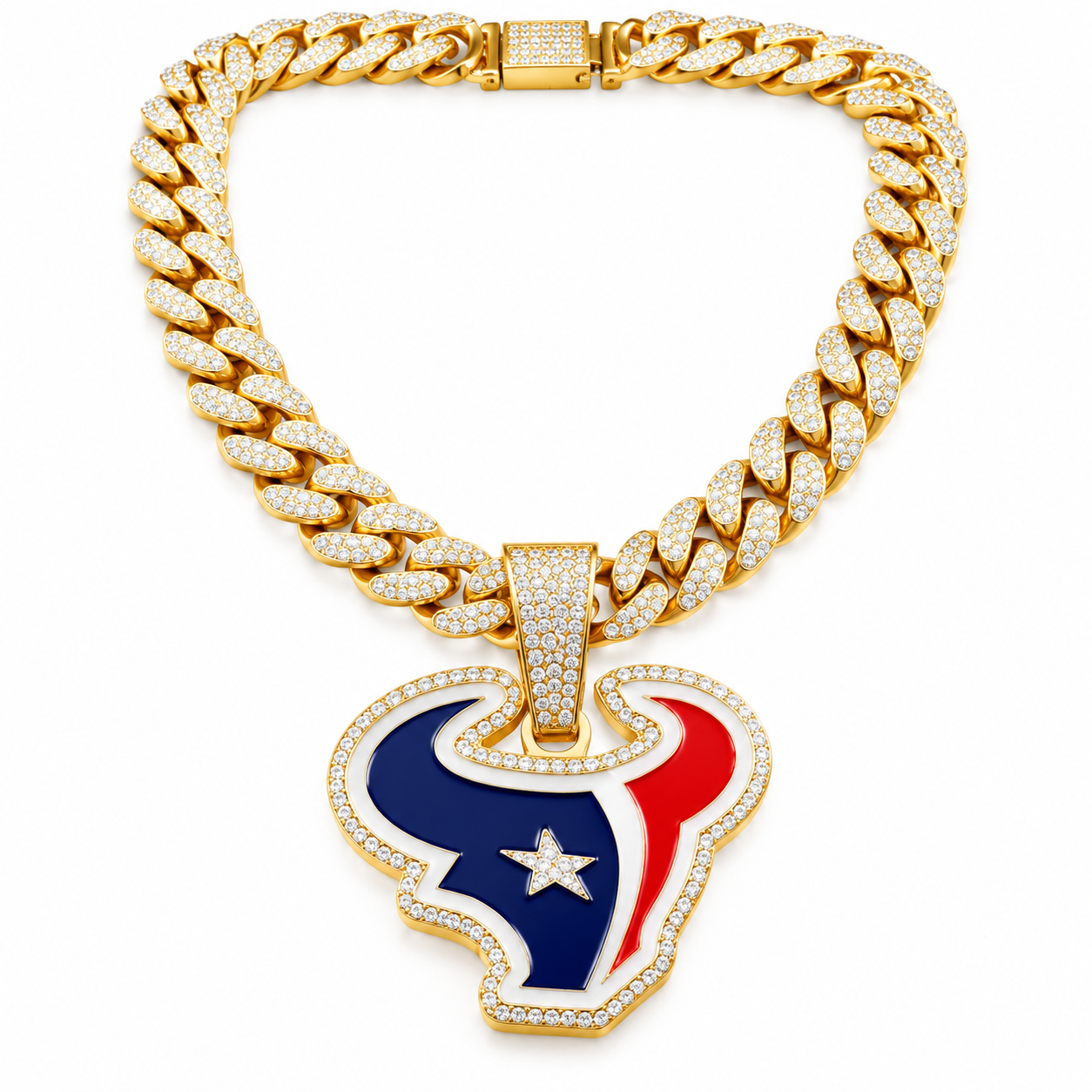 Houston Texans Necklace, Gold Iced Cuban Link Chain with Rhinestone Bull Head Pendant, Football Fan Jewelry