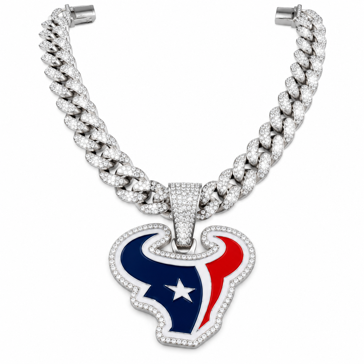 Houston Texans Necklace, Gold Iced Cuban Link Chain with Rhinestone Bull Head Pendant, Football Fan Jewelry