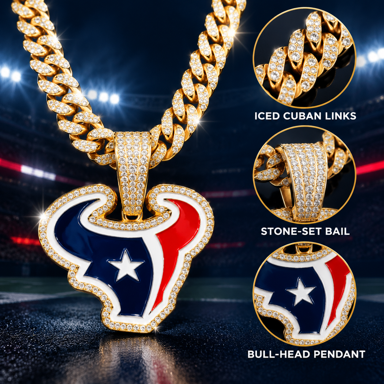 Houston Texans Necklace, Gold Iced Cuban Link Chain with Rhinestone Bull Head Pendant, Football Fan Jewelry
