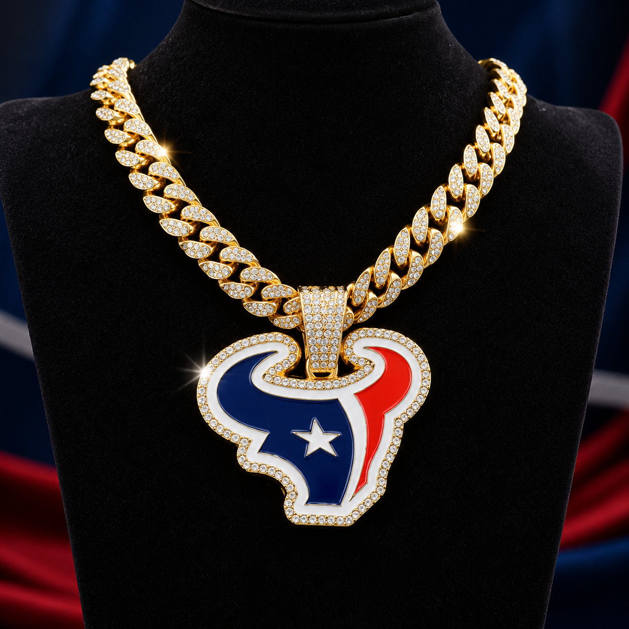 Houston Texans Necklace, Gold Iced Cuban Link Chain with Rhinestone Bull Head Pendant, Football Fan Jewelry