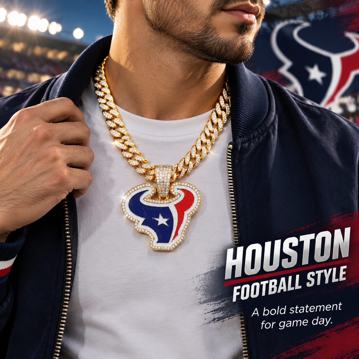 Houston Texans Necklace, Gold Iced Cuban Link Chain with Rhinestone Bull Head Pendant, Football Fan Jewelry