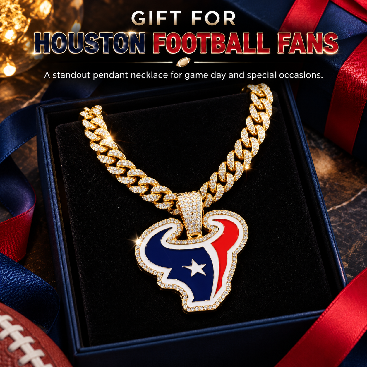 Houston Texans Necklace, Gold Iced Cuban Link Chain with Rhinestone Bull Head Pendant, Football Fan Jewelry