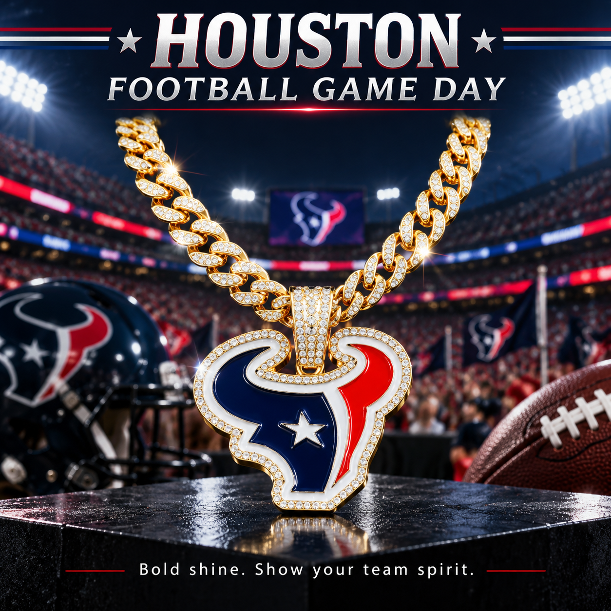 Houston Texans Necklace, Gold Iced Cuban Link Chain with Rhinestone Bull Head Pendant, Football Fan Jewelry
