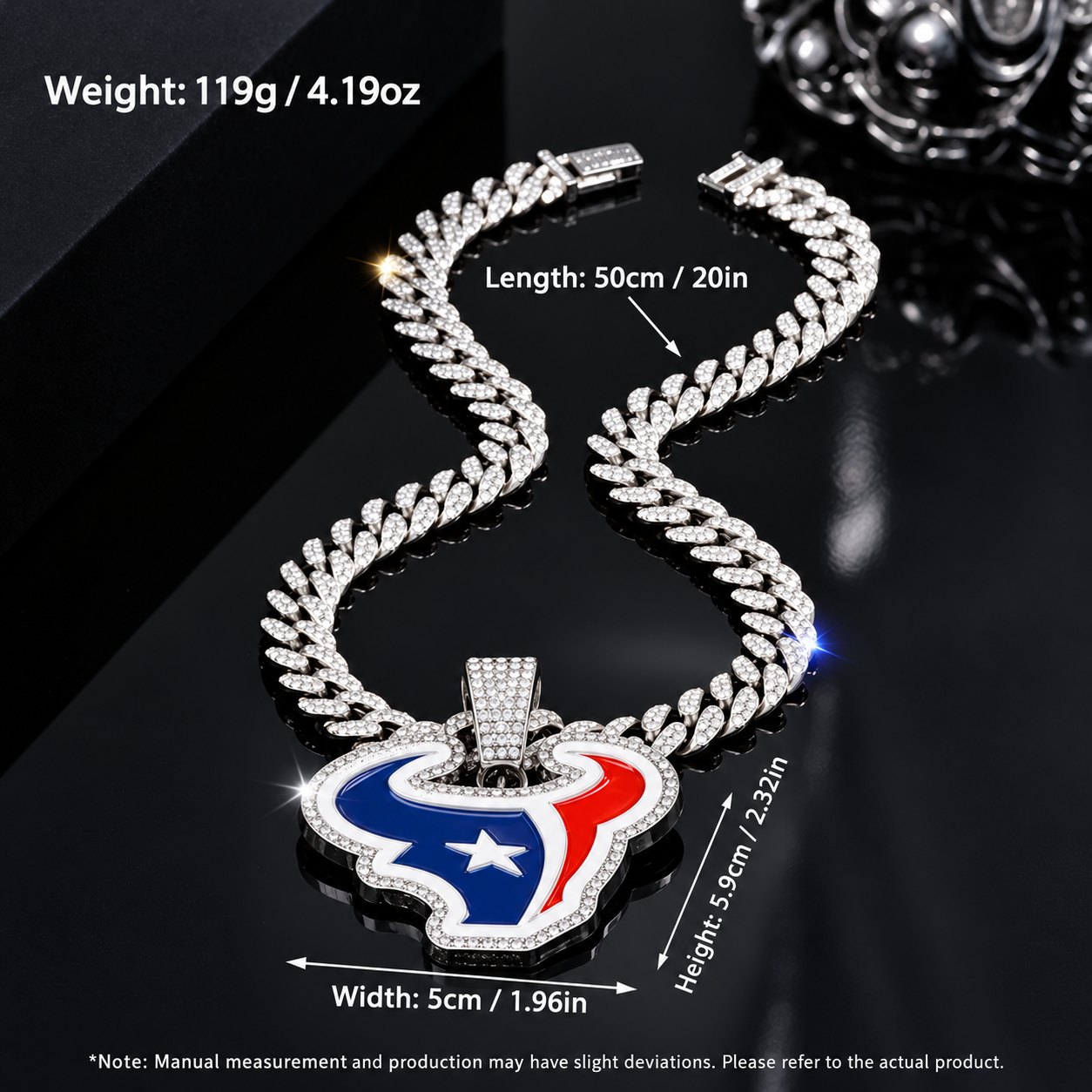 Houston Texans Necklace, Gold Iced Cuban Link Chain with Rhinestone Bull Head Pendant, Football Fan Jewelry
