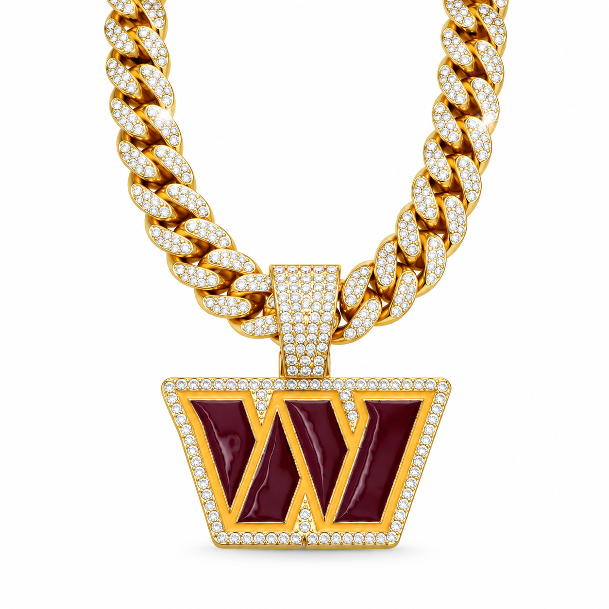 Washington Commanders Necklace, Gold Iced Cuban Link Chain with Rhinestone W Pendant, Football Fan Jewelry