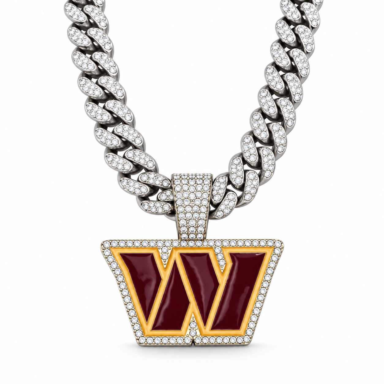 Washington Commanders Necklace, Gold Iced Cuban Link Chain with Rhinestone W Pendant, Football Fan Jewelry