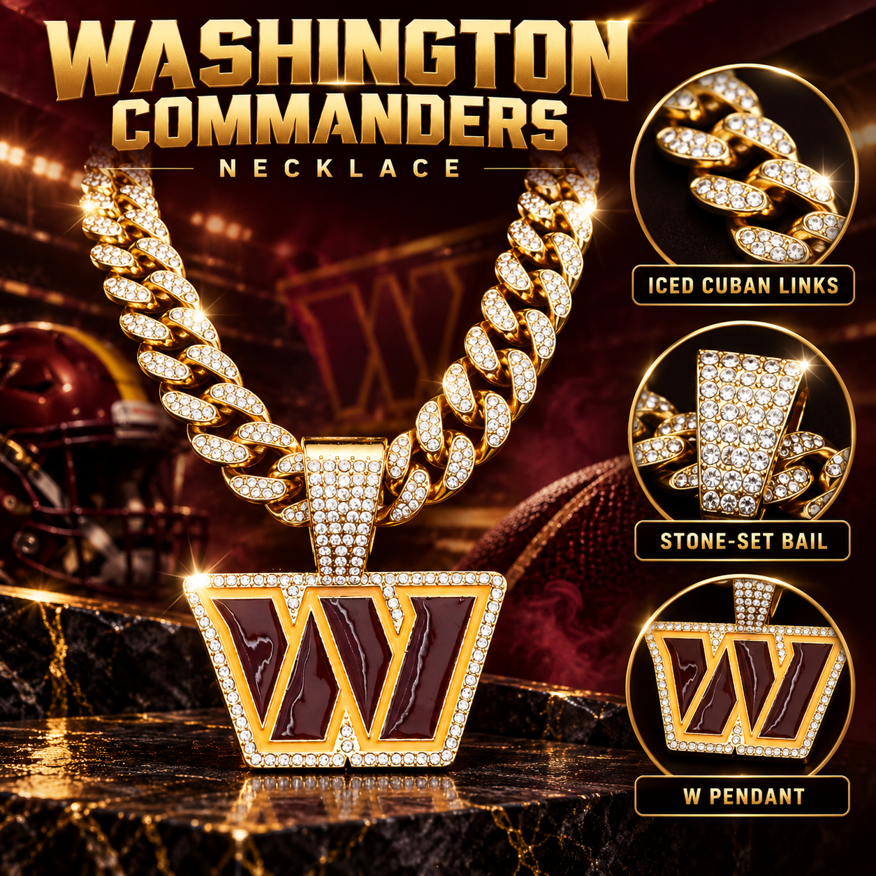 Washington Commanders Necklace, Gold Iced Cuban Link Chain with Rhinestone W Pendant, Football Fan Jewelry