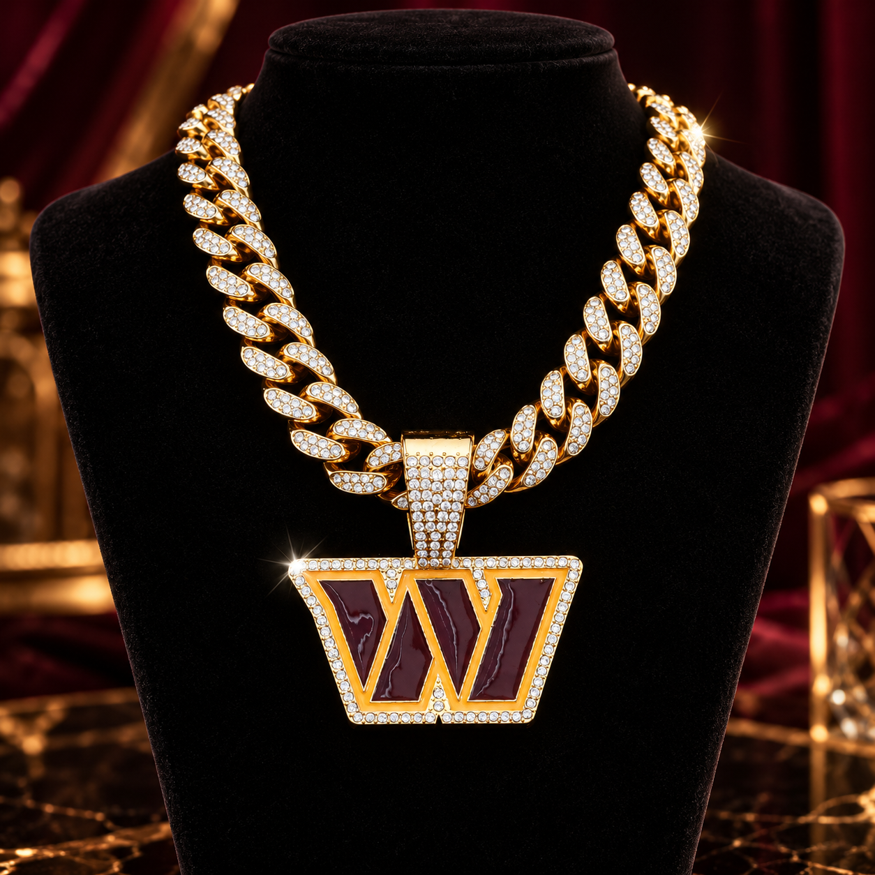 Washington Commanders Necklace, Gold Iced Cuban Link Chain with Rhinestone W Pendant, Football Fan Jewelry